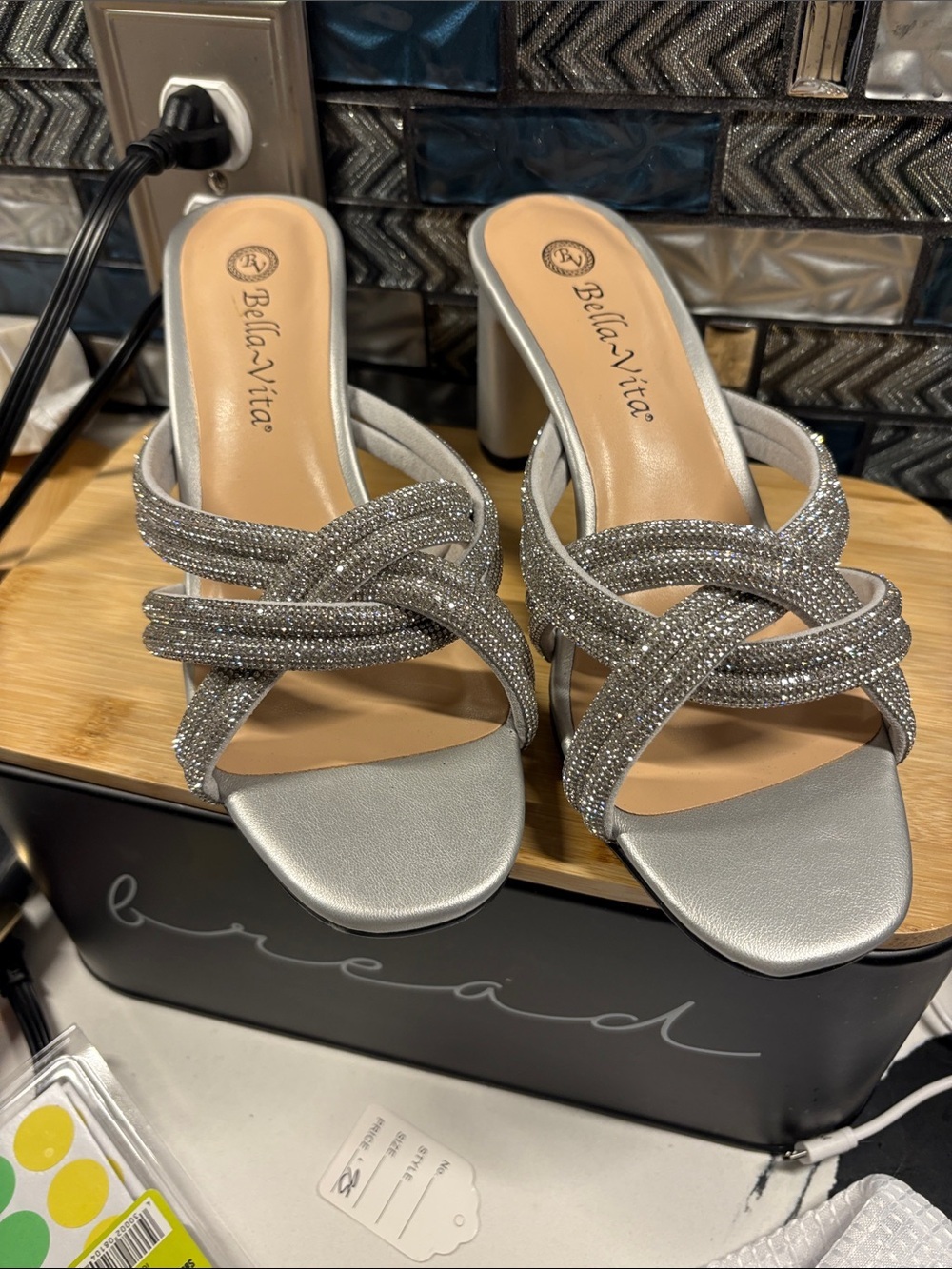 Bella Vita Silver Rhinestone Strappy Mule Heels